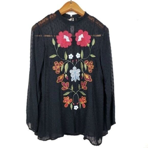 ZARA Sheer Plumetis Blouse with Embroidery – Black Top, Size S - Picture 2 of 8